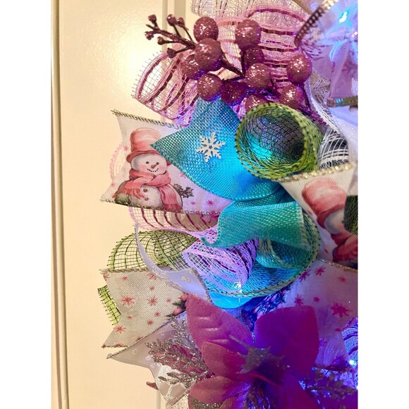 Handmade Pink Winter Snowman Holiday Ribbon Door Wreath 22 ins W81 - Picture 9 of 11